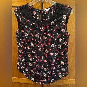 Candie's Small Black Floral Multi Sleeveless Blouse Lace Detail Keyhole Back EUC